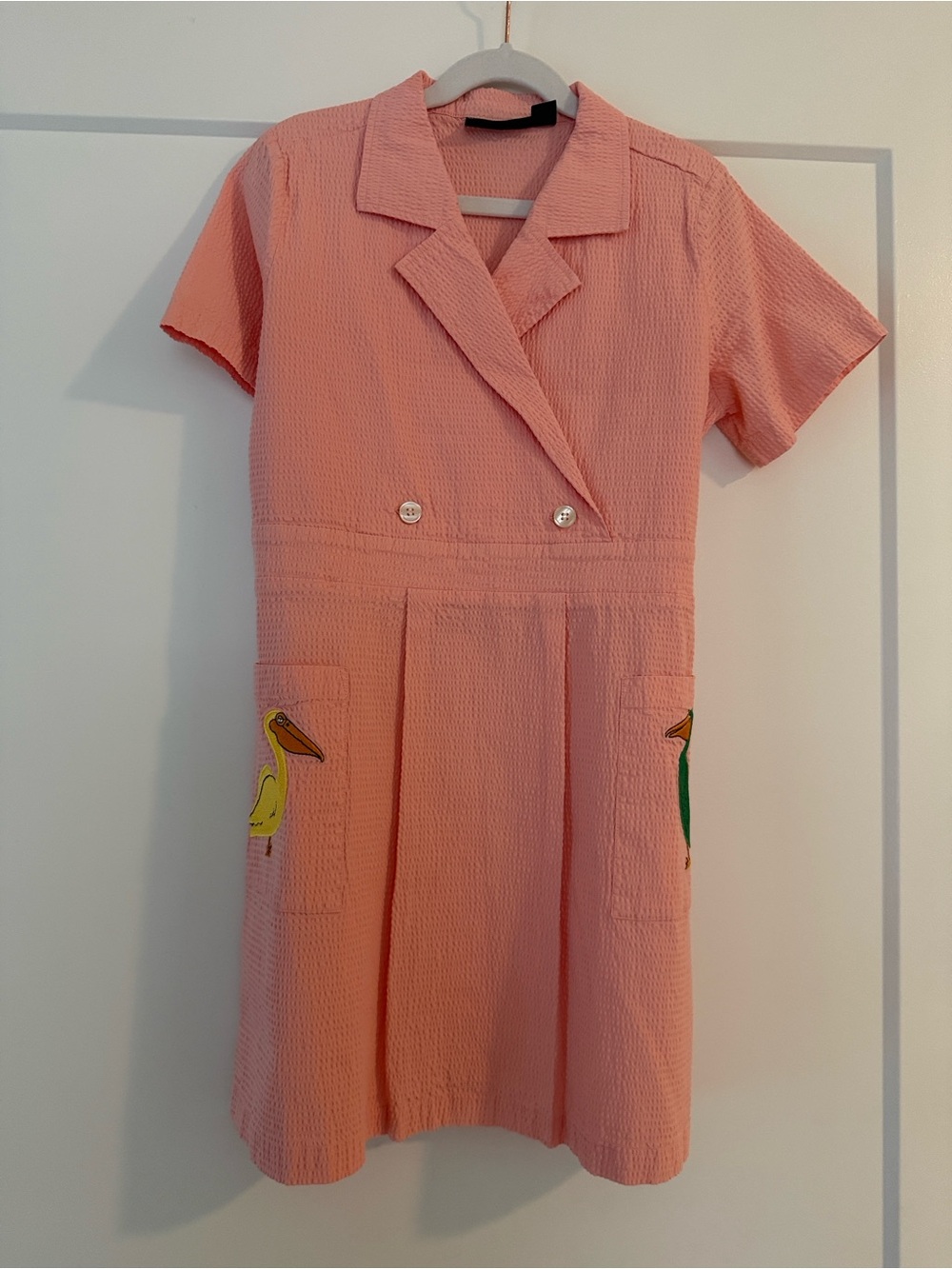 MINI RODINI Pink Seersucker Short Sleeve Tunic with Bird Pockets